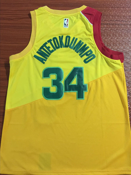 Men 34 Giannis Antetokounmpo Jersey Red Yellow Mix Milwaukee Bucks Fanatics - fastssd - NBA Jersey - nRevo